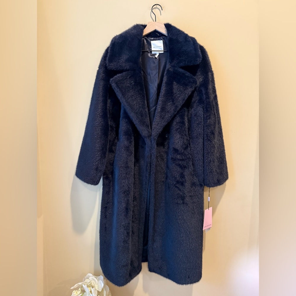 NWT | ANTHROPOLOGIE Avec Les Filles Deep Navy Luxe Faux-Fur Blue Mink Long Coat - Picture 10 of 11